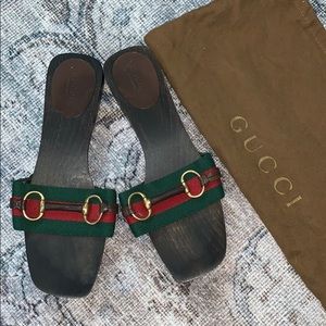 Gucci horsebit sandals, wood and canvas, size 9